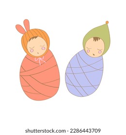 Family illustration in flat style. Babies in diapers. Girl and boy.