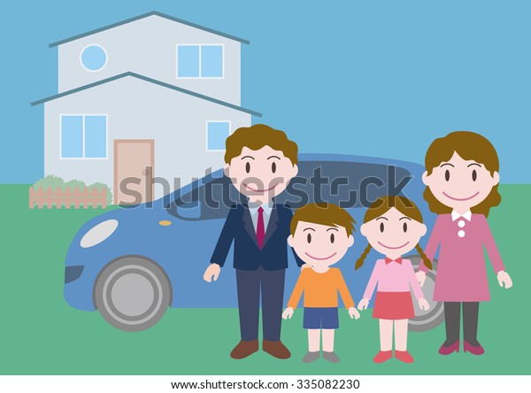family
illustration with house and car,
vector