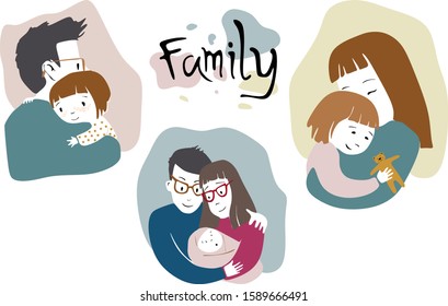 family illustration. Mom with a daughter, dad with a daughter, a complete family - mother, father, child