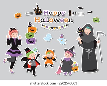 Family illustration set enjoying Halloween costumes