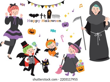 Family illustration set enjoying Halloween costumes