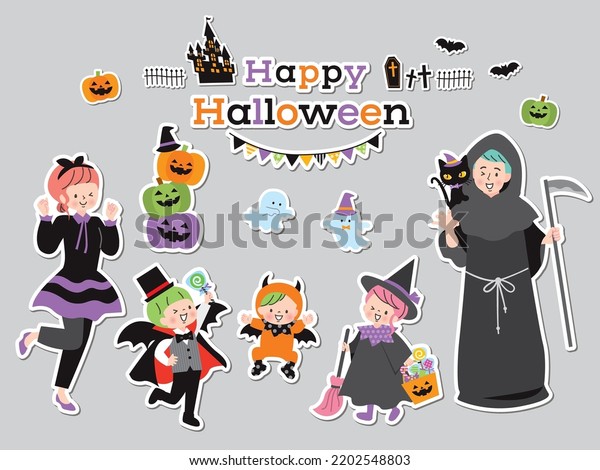 Family Illustration Set Enjoying Halloween Costumes Stock Vector ...