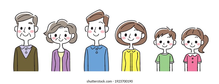 Family illustration set.
Grandpa, grandma, dad, mom, boy, girl.