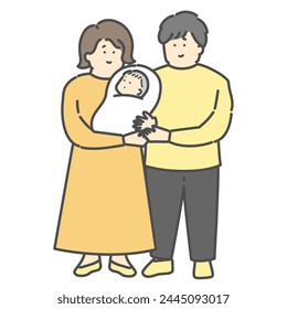 Family illustration of young couple and baby