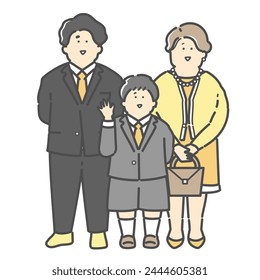 Family illustration of a young couple and children in formal clothes (entrance ceremony, graduation ceremony, entrance ceremony, graduation ceremony)