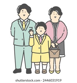 Family illustration of a young couple and children in formal clothes (entrance ceremony, graduation ceremony, entrance ceremony, graduation ceremony)