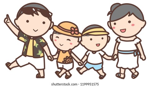Family include Dad, Mom, son and daughter are walking to travel and exercise. This uses for website or blog.
