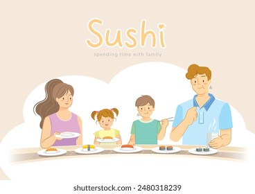 A family, including parents, a daughter, and a son, happily eating conveyor belt sushi together. Vector illustration for posters and banners