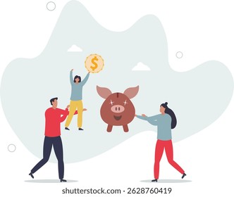 Family income .People making savings in piggy bank. character life .