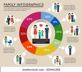 Family infographic with pie chart and mother child marriage symbols vector illustration.