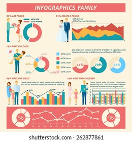 Family infographics set with man and woman relationships symbols anc charts vector illustration