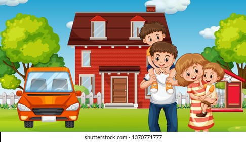 Family infront of home illustration