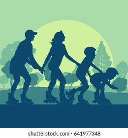 Family inline skating in park vector background landscape with trees