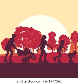 Family inline skating in park vector background landscape with trees