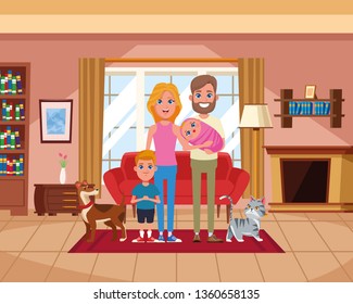 Family inside home scenery cartoons