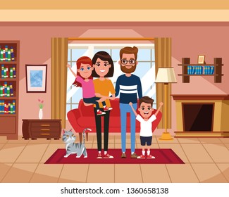 Family inside home scenery cartoons