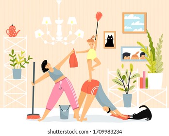 Family inside room doing housework (cleaning) and yoga fitness exercise.  Daily routine, humorous home cleaning motivation, family members sport pyramid in room. Vector flat illustration.