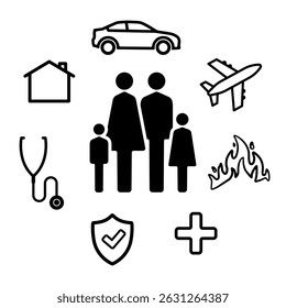 Family insurance concept connecting health, house, car, travel, life and fire protection icon symbol