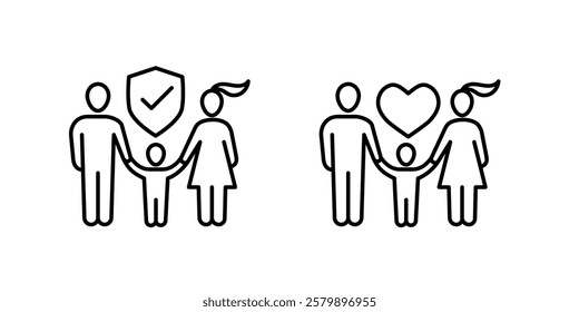 Family insurance concept illustrate with man, woman and kid with shield, insurance service, safety and accident protection. Flat vector illustration, isolated on white background. Editable stroke.