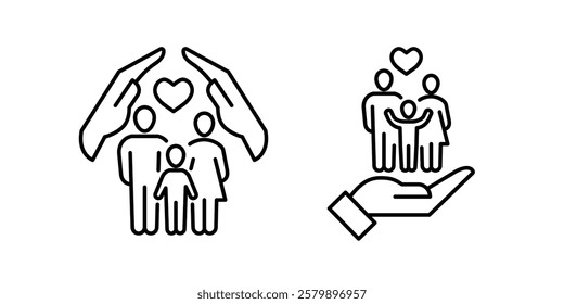 Family insurance concept illustrate with man, woman and kid with shield, insurance service, safety and accident protection. Flat vector illustration, isolated on white background. Editable stroke.