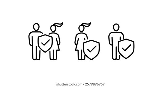 Family insurance concept illustrate with man, woman and kid with shield, insurance service, safety and accident protection. Flat vector illustration, isolated on white background. Editable stroke.