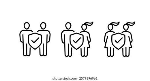 Family insurance concept illustrate with man, woman and kid with shield, insurance service, safety and accident protection. Flat vector illustration, isolated on white background. Editable stroke.