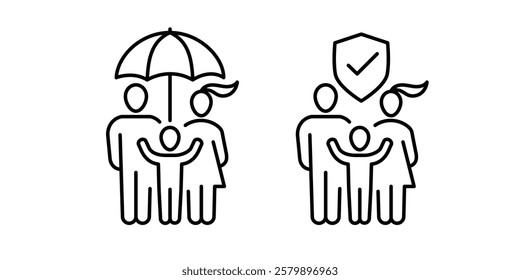 Family insurance concept illustrate with man, woman and kid with shield, insurance service, safety and accident protection. Flat vector illustration, isolated on white background. Editable stroke.