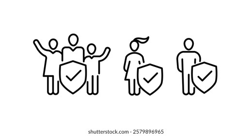 Family insurance concept illustrate with man, woman and kid with shield, insurance service, safety and accident protection. Flat vector illustration, isolated on white background. Editable stroke.