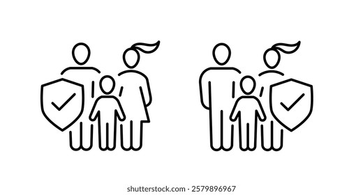 Family insurance concept illustrate with man, woman and kid with shield, insurance service, safety and accident protection. Flat vector illustration, isolated on white background. Editable stroke.