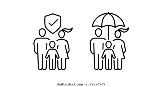 Family insurance concept illustrate with man, woman and kid with shield, insurance service, safety and accident protection. Flat vector illustration, isolated on white background. Editable stroke.