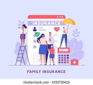 Family insurance. Concept of life insurance, protection of health and life of children with document of insurance for travel or vacation. Healthcare and medical service. Vector illustration in flat