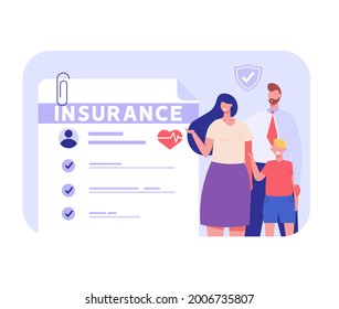 Family insurance. Concept of life insurance, protection of health and life of children with document of insurance for travel or vacation. Healthcare and medical service. Vector illustration in flat