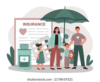 Family insurance concept. Man, woman and their children next to contract and medicines. Health care and regular visits to doctor. Ambulance case with pills and drugs. Cartoon flat vector illustration