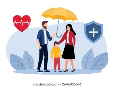 Family insurance concept. Man, woman and their children next to contract and medicines. Health care and regular visits to doctor. Ambulance case with pills and drugs. Cartoon flat vector illustration