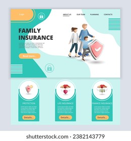 Family insurance flat landing page website template. Protection, life insurance, finance insurance. Web banner with header, content and footer. Vector illustration.