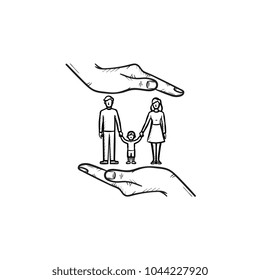 Family insurance hand drawn outline doodle icon. Human hand and family vector sketch illustration for print, web, mobile and infographics isolated on white background.