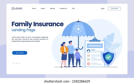 family insurance, health assurance, budget, shield and umbrella, protection, flat illustration vector landing page 