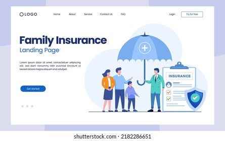 family insurance, health assurance, budget, shield and umbrella, protection, flat illustration vector landing page 