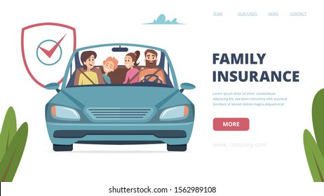 Family insurance landing page. Insurance banner with happy family in car. Cartoon parents with kids vector illustration