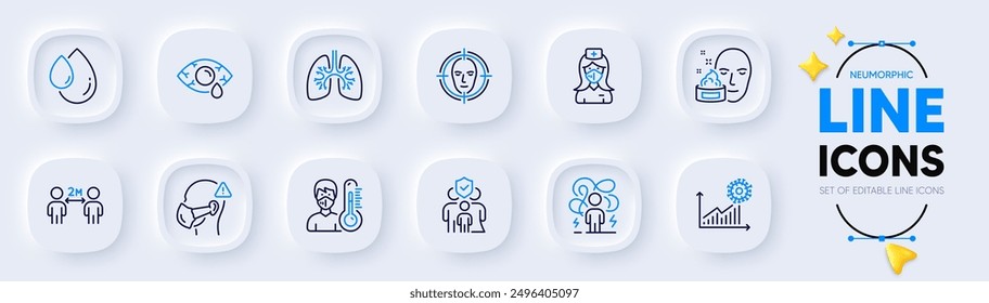 Family insurance, Medical mask and Oil drop line icons for web app. Pack of Nurse, Conjunctivitis eye, Thermometer pictogram icons. Face detect, Lungs, Coronavirus statistics signs. Vector