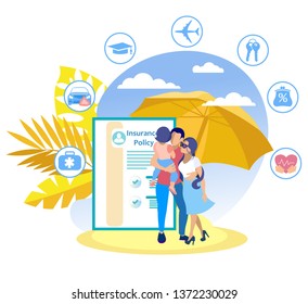 Family Insurance Program Vector Illustration. Travel Insurance Policy. Family with Baby Background Palm Trees Document. Insurance Policy to Protect your Health Travel in Case Unforeseen Situations.