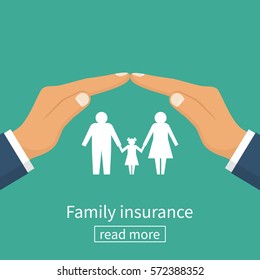 Family insurance. Protection concept. Insurance agent gesture hand protects the family. Vector illustration flat design. Isolated on white background. Paper figure.