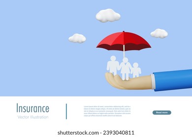 Family insurance protection. Hand holding family with kid under protection from red umbrella. 3D cartoon character. Vector. 