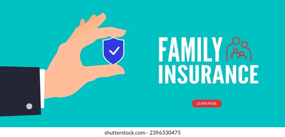 family insurance protection human hand holding small shield  vector illustration