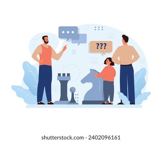 Family Integration concept. Two fathers guide their adopted daughter through the game of life, amidst symbolic chess figures and digital communication. Nurturing trust and belonging. Flat vector.