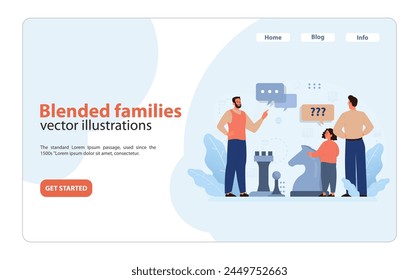 Family Integration concept. Two fathers guide their adopted daughter through the game of life, amidst symbolic chess figures and digital communication. Nurturing trust and belonging. Flat vector.