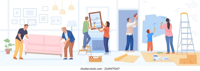 Family interior renovation. Living room repair panorama house, people diy painting decoration, construction new home or renovating apartment after move, swanky vector illustration of renovation house