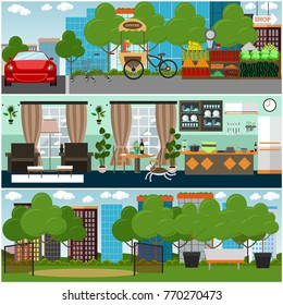 Family interior vector poster set with living room, kitchen with furniture, sports ground and city street. Flat style design elements.