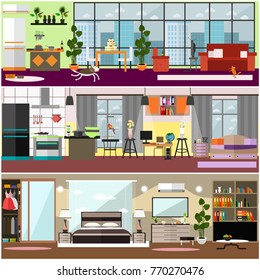 Family interior vector poster set with living room, kitchen, nursery and bedroom with furniture. Flat style design elements.