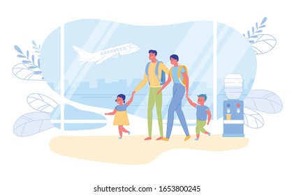 Family International Travel And Summer Vacation Abroad. Parents And Children Cartoon Characters With Suitcases In Airport Departure Hall Waiting For Plane Boarding. Flat Vector Illustration.